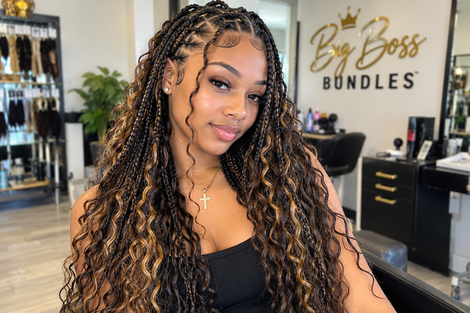 Woman wearing Boho braids with human hair curls