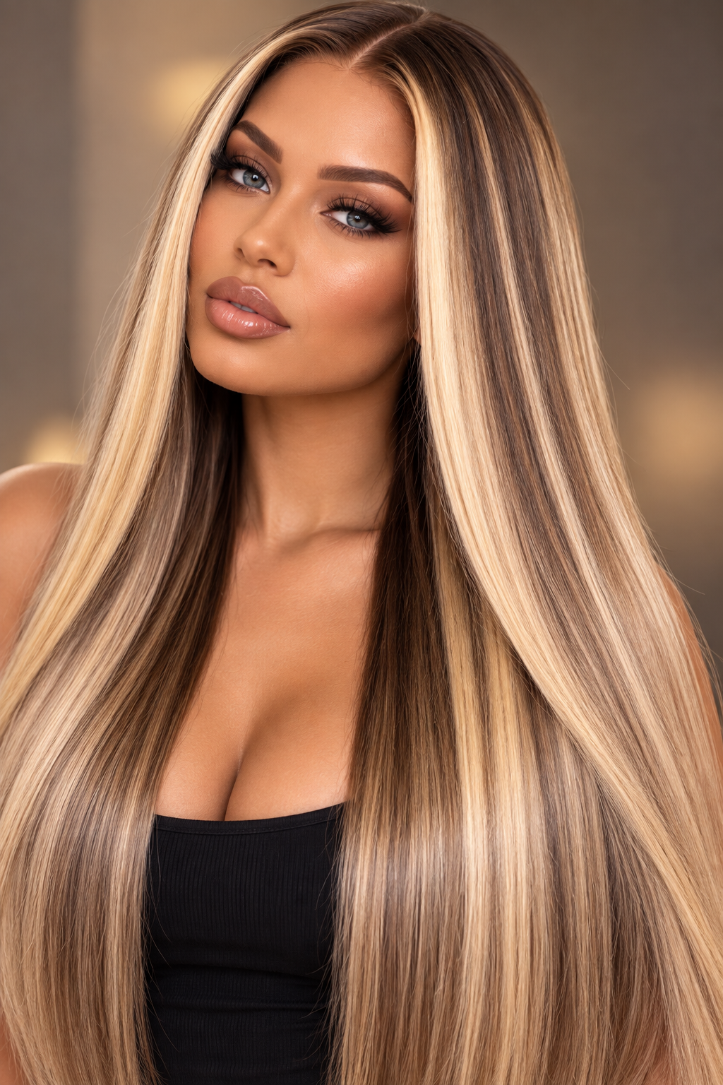 Ash blonde highlighted straight Russian or Slavic luxury human hair wig