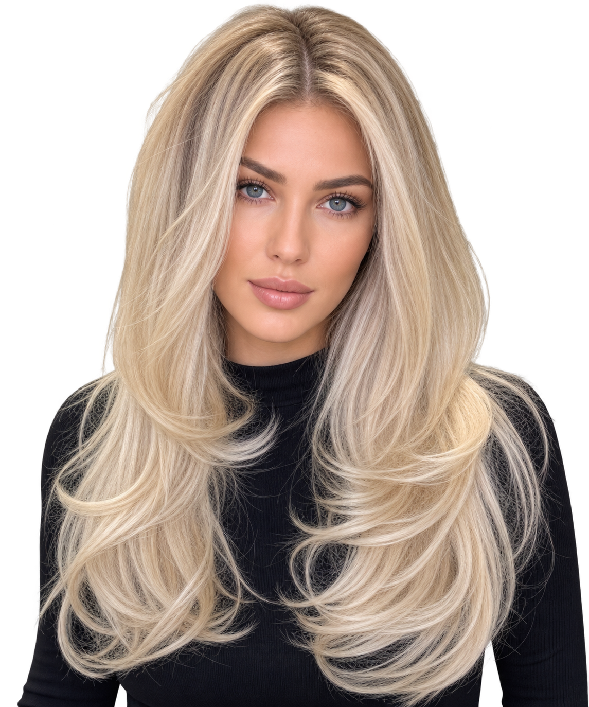 Ash blonde layered straight Russian or Slavic luxury human hair wig
