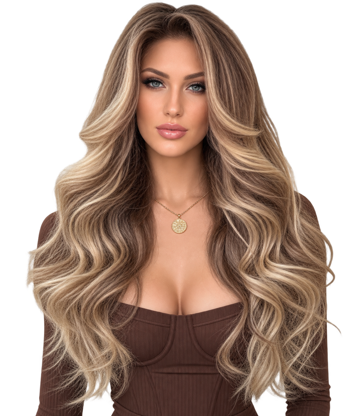 Caramel blonde highlighted body wave Russian or Slavic luxury human hair wig